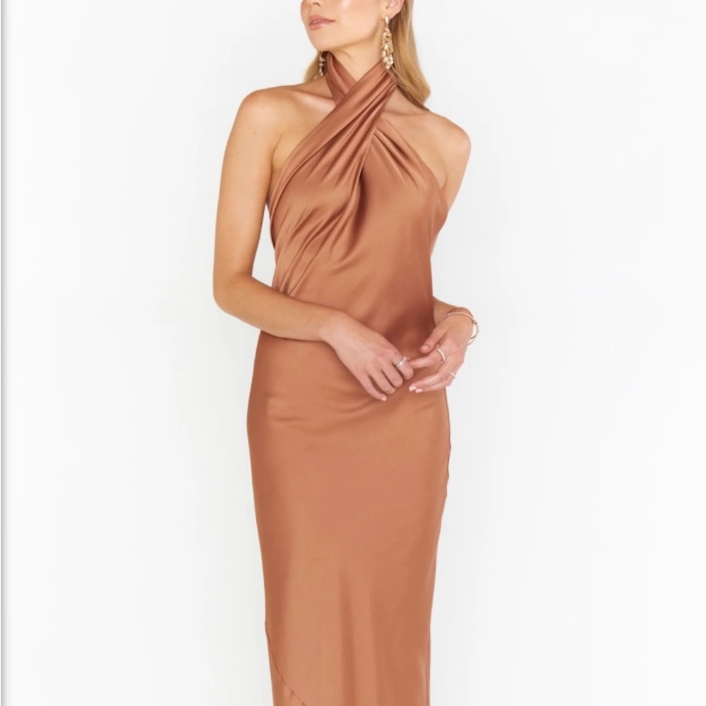 Show Me Your Mumu - Jasmine Halter Maxi Dress in Copper Luxe Satin